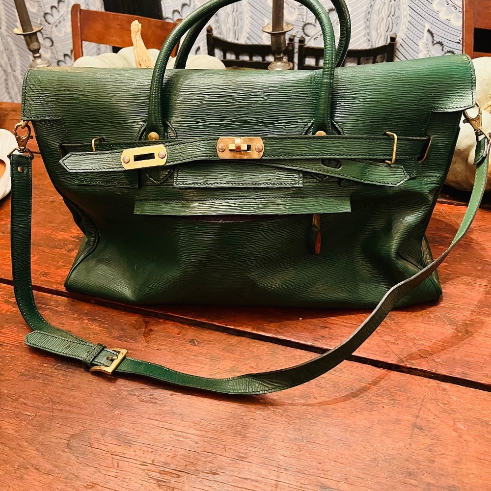 Birkin inspired green leather travel weekend bag